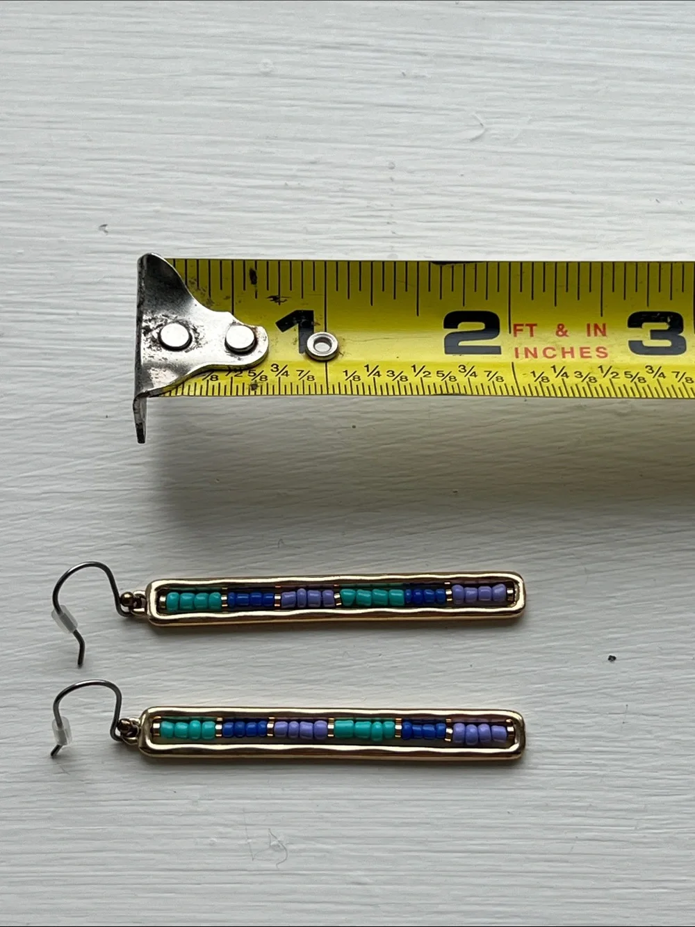 Gold-Tone Bar Drop Earrings with Blue and Teal Beads